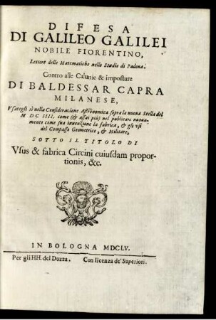 Difesa Di Galileo Galilei Nobile Fiorentino, Lettore delle Matematiche nello Studio di Padona.