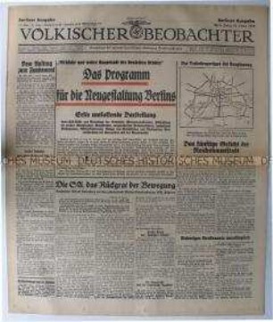 Tageszeitung "Völkischer Beobachter" u.a. zum Programm der Neugestaltung Berlins
