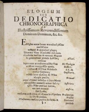 Elogium Seu Dedicatio Chronographica Ad Illustrissimum Reverendissimum Dominum Dominum, &c. &c.
