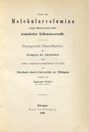 Ueber die Molekularvolumina einiger Substitutionsprodukte aromatischer Kohlenwasserstoffe