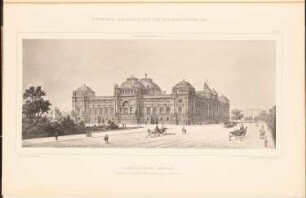 Reichstag, Berlin Zweiter Wettbewerb: Perspektivische Ansicht vom Brandenburger Tor (aus: Sammelmappe hervorragender Konkurrenzentwürfe H. 6, hrsg.v. K.E.O. Fritsch, 1883)