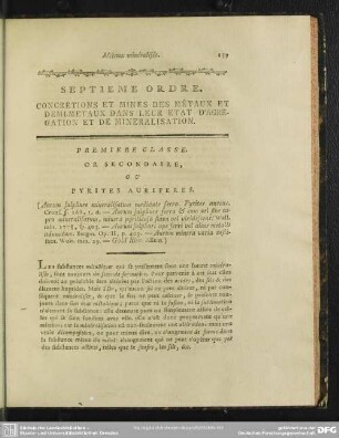 Septieme Ordre. Concrétions Et Mines Des Métaux Et Demi-Metaux Dans Leur Etat D'agregation Et De Mineralisation