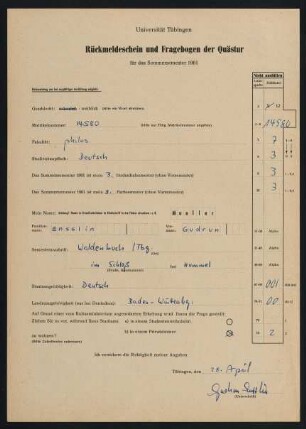 Rückmeldeschein und Fragebogen der Quästur Sommersemester 1961