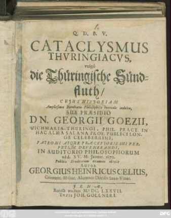 Cataclysmus Thuringiacus, vulgo die Thüringische Sündfluth
