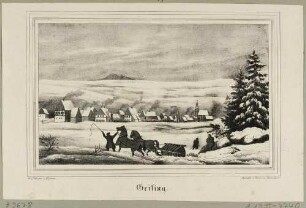 Ortsansicht von Geising (Altenberg) über verschneite Felder mit einem Pferdeschlitten, aus Sachsens Kirchen-Galerie von Hermann Schmidt