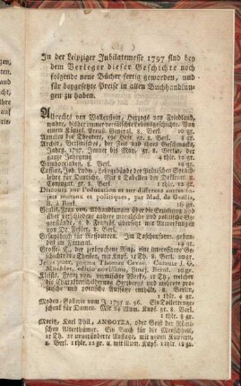 In der Leipziger Jubilatemesse 1797 sind bey dem Verleger dieser Geschichte noch folgende neue Bücher fertig geworden, [...].