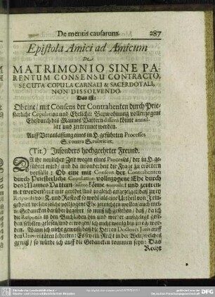 Epistola Amici ad Amicum De Matrimonio Sine Parentum Consensu Contracto, Secuta Copula Carnali & Sacerdotali, Non Dissolvendo