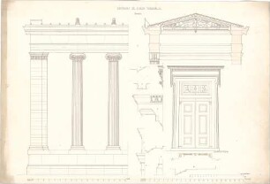 Bühlmann, Josef; Trinkhalle - Säulen u. Gebälk (Detail); Gebälk u. Giebel (Schnitte); Tür (Grundriss, Ansicht); Gesimse (Schnitte, Details)