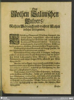 Des Rothen Salinischen Pulvers, Rechter Gebrauch und wahren Nutzen bestehet in folgenden