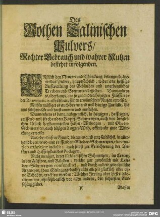 Des Rothen Salinischen Pulvers, Rechter Gebrauch und wahren Nutzen bestehet in folgenden