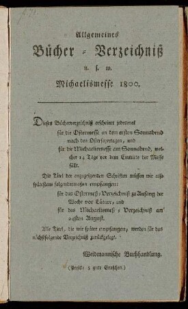 Allgemeines Bücher-Verzeichniß u.s.w. Michaelismesse 1800.