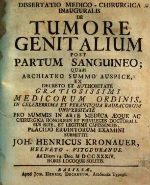 Diss. med. inaug. de tumore genitalium post partum sanguineo
