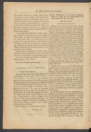 Letras apostólicas de Nuestro Santísimo Padre el Papa Pio IX suspendiendo las congregaciones del Concilio.