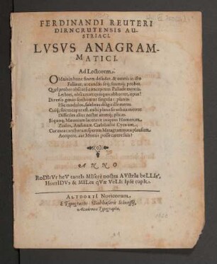 Ferdinandi Reuteri Dirncrutensis Austriaci Lusus Anagrammatici