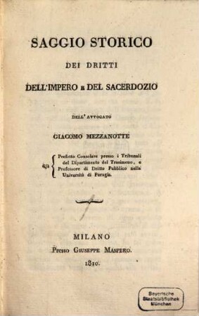 Saggio storico dei dritti dell'impero e del sacerdozio