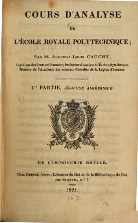 Cours d'analyse de l'Ecole Royale Polytechnique, 1. Analyse algébrique