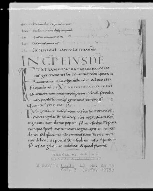 Epiphanius latinus; Alcuinus — Initiale E (t transmigratione), Folio 3recto