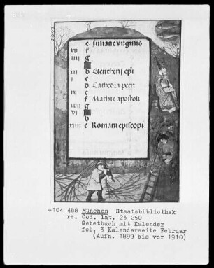 Gebetbuch mit Kalender — Kalenderseite Februar mit zwei Miniaturen, Folio 3recto