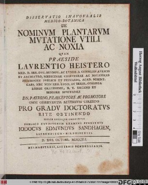 Dissertatio Inavgvralis Medico-Botanica De Nominvm Plantarvm Mvtatione Vtili Ac Noxia