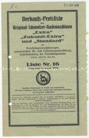Verkaufspreisliste über Hackmaschinen