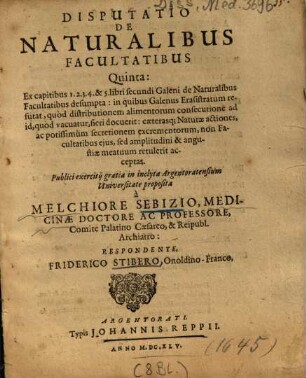 Disputatio De Naturalibus Facultatibus .... 5
