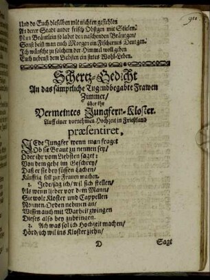 Schwerz-Gedicht An das [...] FrauenZimmer über ihr Vermeintes Jungfern-Kloster.