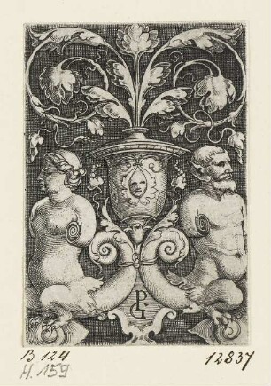 Ornament mit Vase und Satyrpaar