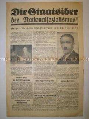 Sonderdruck der NSDAP zur Reichstagswahl am 31. Juli 1932 mit dem Text einer Rundfunkrede von Gregor Straßer