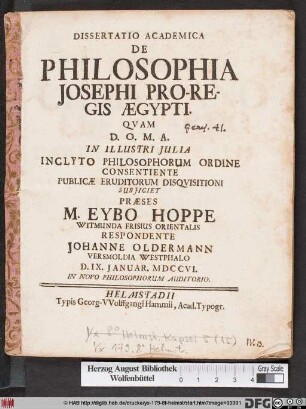 Dissertatio Academica De Philosophia Josephi Pro-Regis Ægypti