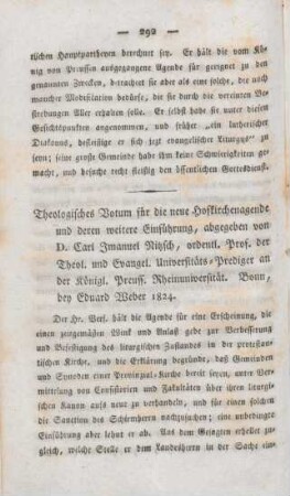 292-298 [Rezension] Theologisches Votum für die neue Hofkirchenagende und deren weitere Einführung