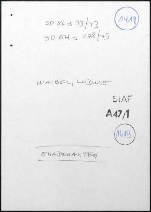 Angeklagte: Jaser, Kaspar (Metzger); Gottmadingen *16.09.1903 in Oberhausen (Bayern); + ? Waibel, Ludwig (Metzgermeister); Gottmadingen *22.11.1908 in Waldstetten; + ? Delikt: Verbrechen gegen die Kriegswirtschaftsverordnung Schwarzschlachtung Tatort: Gottmadingen Tatzeit: März 1940-November 1941
