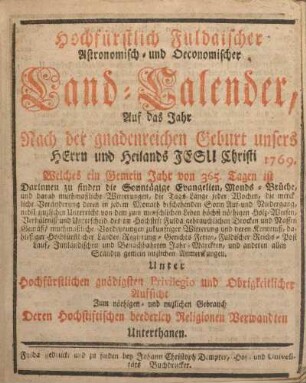 1769: Hochfürstlich fuldaischer astronomisch- und oekonomischer Landkalender
