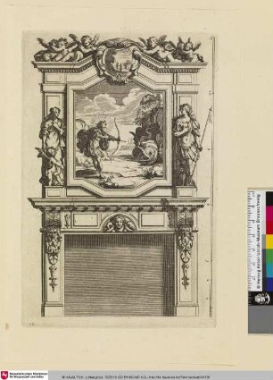 Livre d'Architecture d'Autels, et de Cheminees, Bl. 12 [Von Maskarons eingefasster Kamin, oberhalb ein hochrechteckiges Gemälde mit Apoll, der mit gespanntem Bogen einem Dämon gegenübersteht]