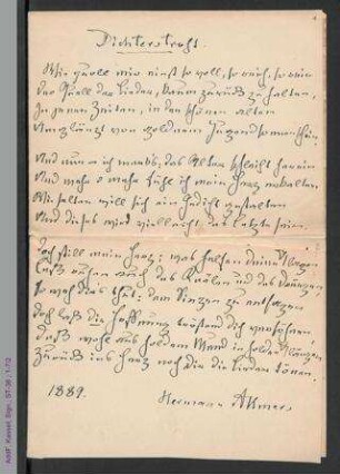 Gedicht von Hermann Allmers für Amalie Wertheim, hs.