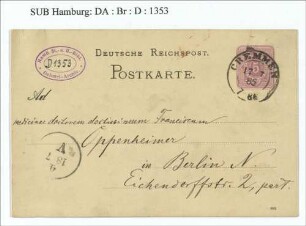 Postkarte an Franz Oppenheimer