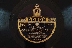 Othello : 1. Akt, Finale, Duett Othello-Desdemona: "Da brannt' im dunklen Antlitz"; (Eddio vedera fra le tuc tempie oscure); 2. Teil / Musik: G. Verdi