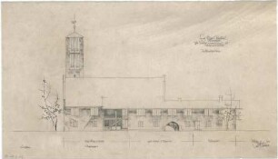 Gsaenger, Gustav; Oberstdorf / Allgäu (Bayern); Ev. Kirche - Turmprojekt zum Umbau, Erweiterungs- u. Pfarramtsneubau, Westseite (Ansicht)