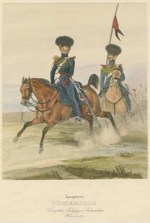 Rittmeister und Feldjäger der Königl. Feldjäger-Schwadron jeweils in Uniform mit Mütze zu Pferd, letzterer mit Lanze
