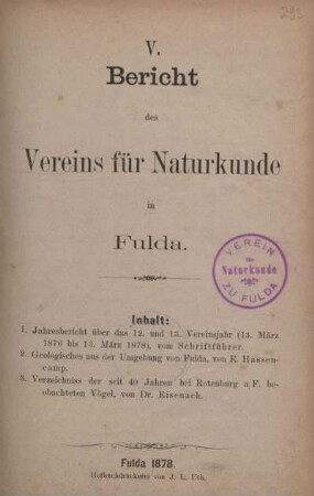 5.1876/78(1880): Bericht des Vereins für Naturkunde zu Fulda