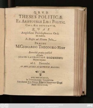 Theses Politicae Ex Aristotelis Lib. I. Politic. Cap. I. & II. Depromptae