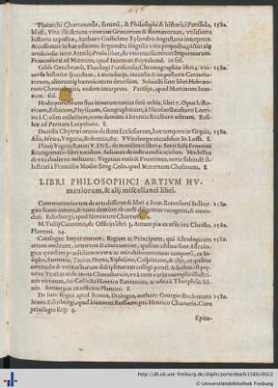 Libri Philosophici, Artivm Hvmaniorum, & alij miscellanei libri.