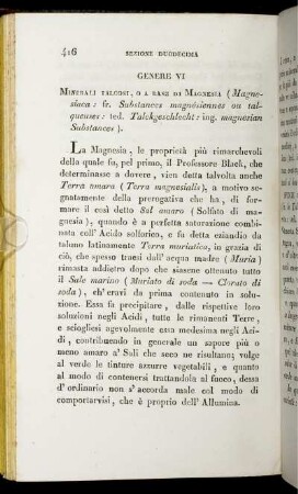Genere VI. Minerali Talcosi, O A Base Di Magnesia (Magnesiaca: fr. Substances magnésiennes ou talqueuses: ted. Talckgeschlecht: ing. magnesian Substances).