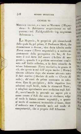 Genere VI. Minerali Talcosi, O A Base Di Magnesia (Magnesiaca: fr. Substances magnésiennes ou talqueuses: ted. Talckgeschlecht: ing. magnesian Substances).