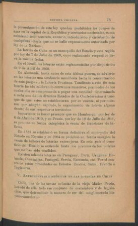 V - Antecedentes históricos de las loterías en Chile