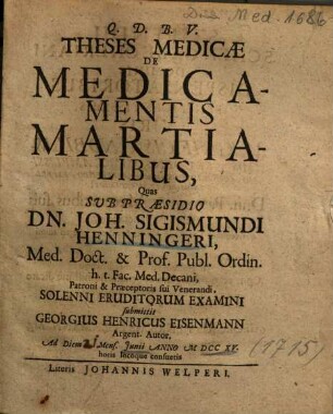 Theses Medicae De Medicamentis Martialibus