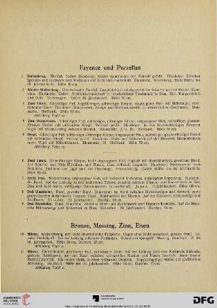 Fayence, Porzellan, Bronze, Messing, Zinn, Eisen (Nr. 1-56)