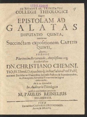 Collegii Theologici Super Epistolam Ad Galatas Disputatio Quinta, continens Succinctam expositionem Capitis Quinti
