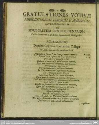 Gratulationes Votivae Nobilissimorum Virorum & Amicorum Integerrimorum In Sepulcretum Gentile Urnarium Urnarium