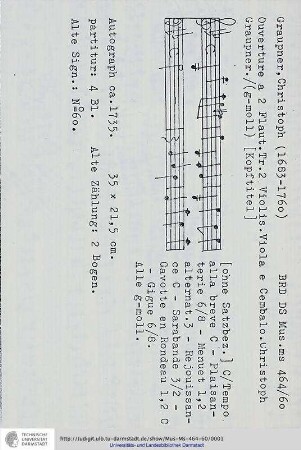 Ouverture a 2 Flaut. Tr. 2 Violin. Viola e Cembalo. Christoph Graupner.