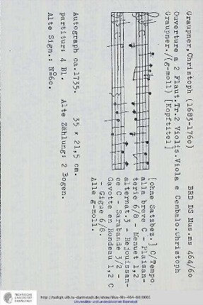Ouverture a 2 Flaut. Tr. 2 Violin. Viola e Cembalo. Christoph Graupner.
